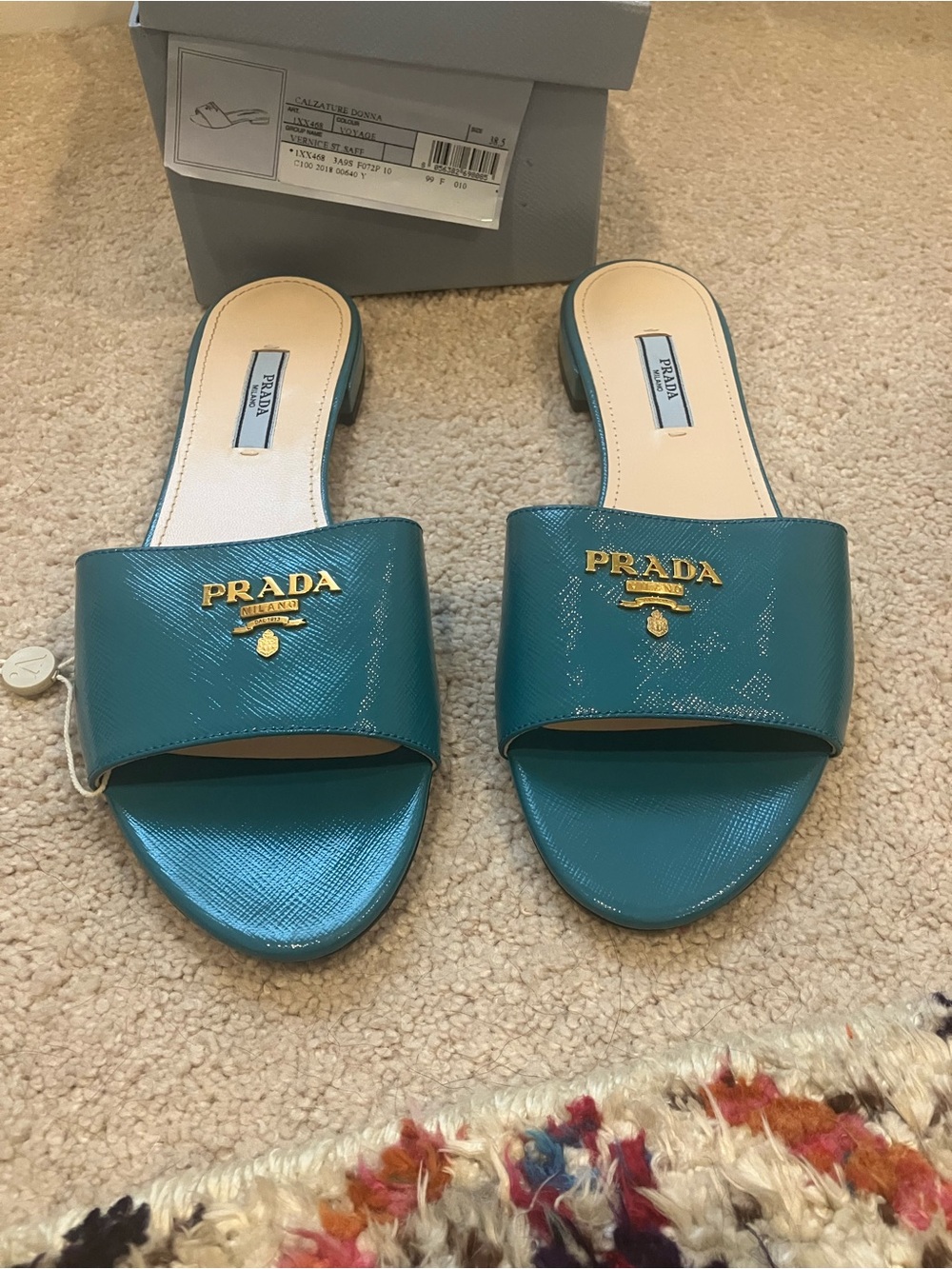Prada Teal Patent Leather Slide Sandals with Gold Logo